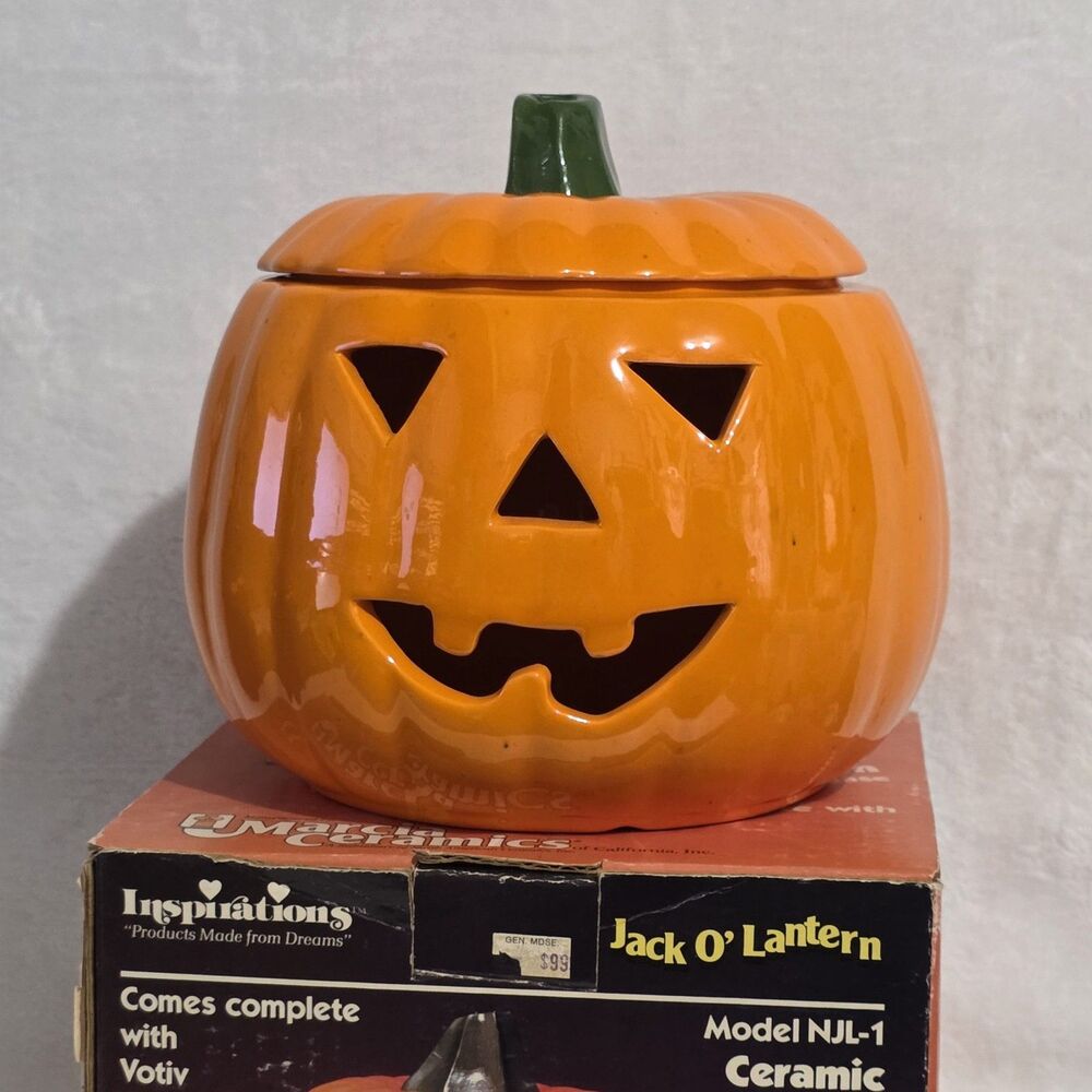Vintage Orange Pumpkin Jack O'Lantern 1983 | Marcia Ceramics Glossy Halloween...